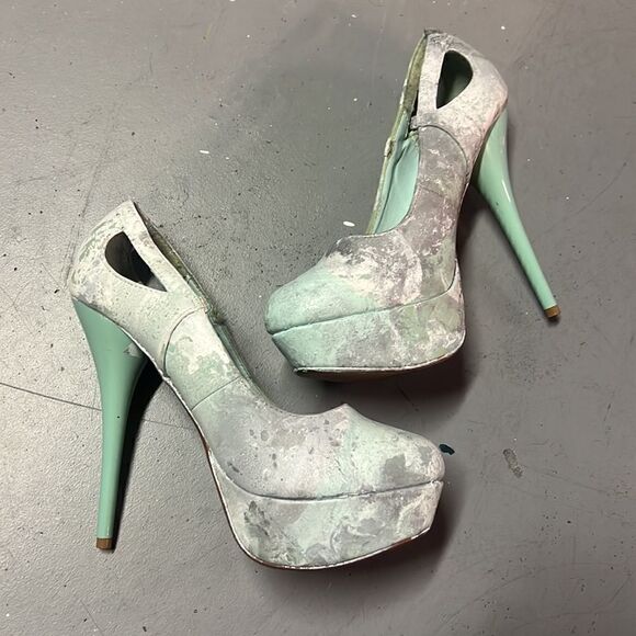 Size 7 Hydrodipped Sea Foam Green velvet Platform Heels - Picture 2 of 5